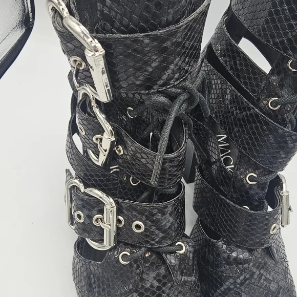 Mackin J Shoes Black Snake Lace Up and Buckle Ankle bootie size 7.5